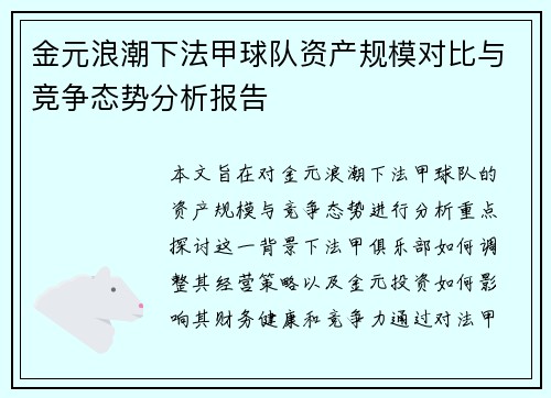金元浪潮下法甲球队资产规模对比与竞争态势分析报告