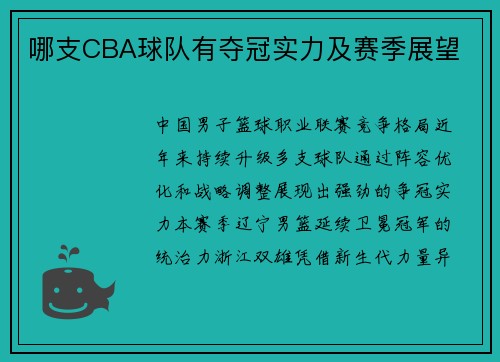 哪支CBA球队有夺冠实力及赛季展望