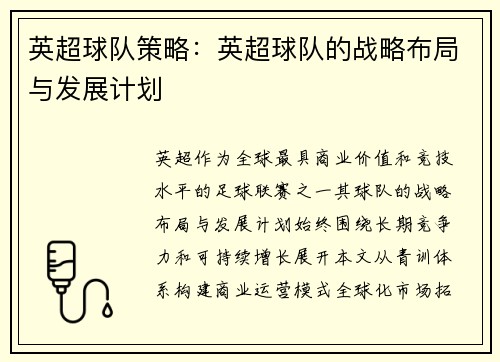 英超球队策略：英超球队的战略布局与发展计划
