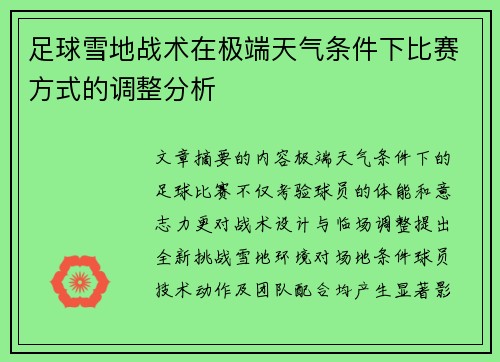 足球雪地战术在极端天气条件下比赛方式的调整分析