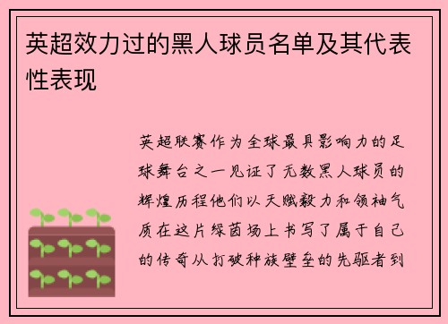 英超效力过的黑人球员名单及其代表性表现